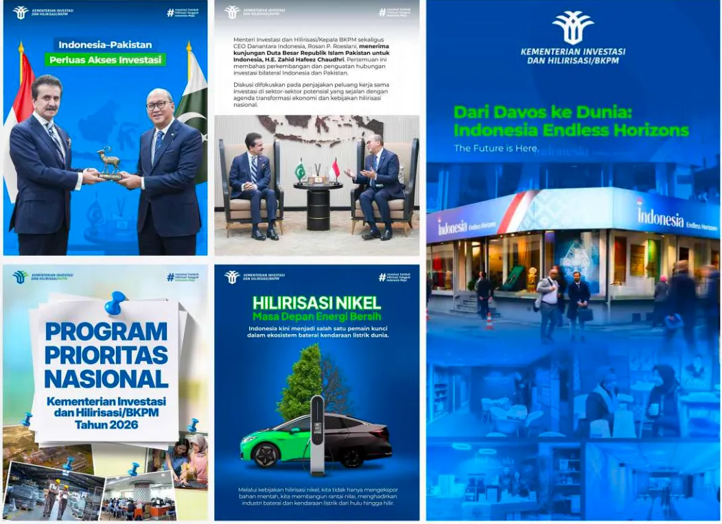 Rangkaian konten Kementerian Investasi dan BKPM tentang program prioritas nasional, hilirisasi nikel, dan promosi investasi