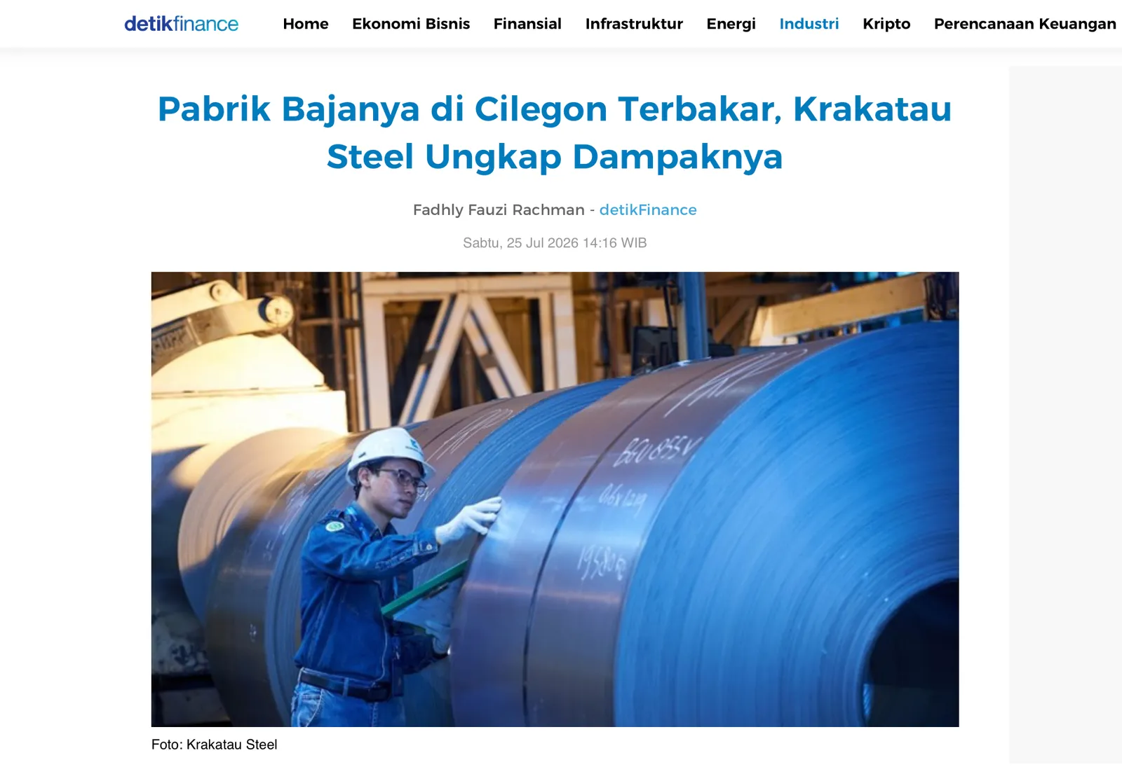 Pemberitaan detikFinance mengenai penjelasan Krakatau Steel atas insiden di pabrik Cilegon