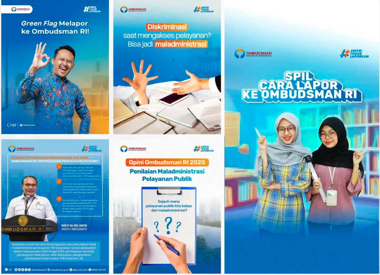 Rangkaian konten media sosial Ombudsman RI tentang cara melapor dan penilaian maladministrasi pelayanan publik
