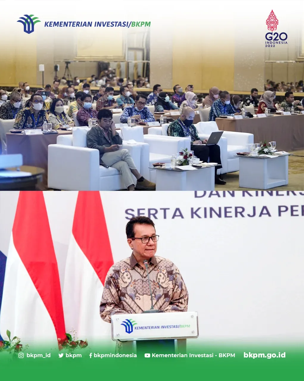 Konferensi pers Kementerian Investasi dan BKPM dengan audiens dan juru bicara di podium